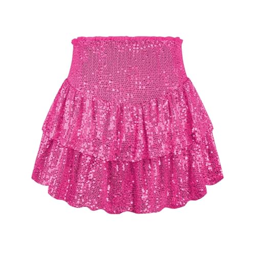 Damen Rock Paillette Minirock Shortrock Kurzer Rock Einfarbige Rock mit Shorts Partyrock Hohe Taille Hot Pink L von BWGHBH