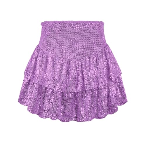 Damen Rock Paillette Minirock Shortrock Kurzer Rock Einfarbige Rock mit Shorts Partyrock Hohe Taille Lila S von BWGHBH