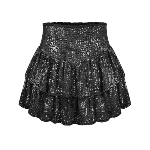 Damen Rock Paillette Minirock Shortrock Kurzer Rock Einfarbige Rock mit Shorts Partyrock Hohe Taille Schwarz M von BWGHBH