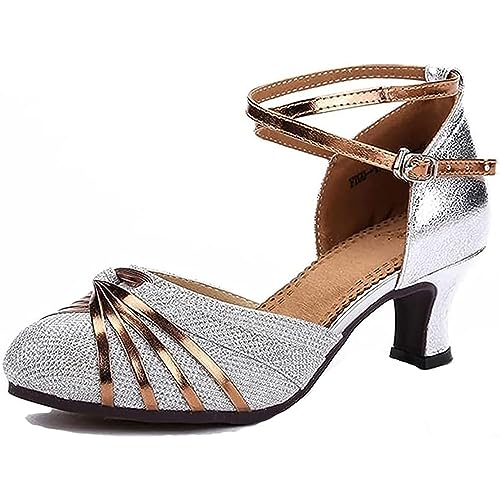 Damen atmungsaktive Tanzschuhe Sandalen mit bequemen Gummisohlen,ideal zum Tanzen Latein Salsa Waltz（Silber,39） von BWGHBH