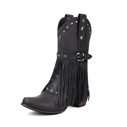 Frauen Cowboy Stiefel mit Tasseln Mid Calf Chunky Heel Retro Cowgirl Western Bootie Chunky Heel Mädchen Herbst Winter Schuhe Schwarz 40 von BWGHBH