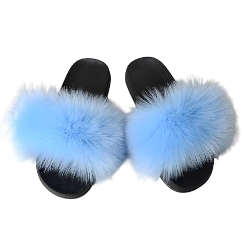 Frauen Faux Pelz niedliche flauschige Rutschen Strandpantoffeln weiche bequeme leichte Slip-On Sandalen Indoor Outdoor 44-45 Blau von BWGHBH