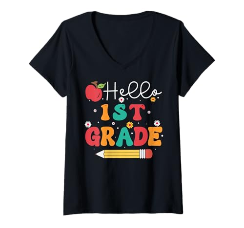 Damen 1. Klasse Vibes Hallo Team, Schulanfang, Lehrer, Groovy T-Shirt mit V-Ausschnitt Damen 1. Klasse Vibes Hallo Team, Schulanfang, Lehrer, Groovy T-Shirt mit V-Ausschnitt von BWILI Back to School Gifts & apparel