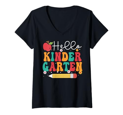 Damen Kindergarten Vibes Hallo Team, Schulanfang, Lehrerin, Groovy T-Shirt mit V-Ausschnitt Damen Kindergarten Vibes Hallo Team, Schulanfang, Lehrerin, Groovy T-Shirt mit V-Ausschnitt von BWILI Back to School Gifts & apparel