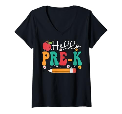 Damen Pre-K Vibes Hallo Team Zurück zur Schule Lehrerin Groovy T-Shirt mit V-Ausschnitt Damen Pre-K Vibes Hallo Team Zurück zur Schule Lehrerin Groovy T-Shirt mit V-Ausschnitt von BWILI Back to School Gifts & apparel