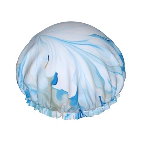 Blaue und weiße Duschhaube für Damen und Herren, große wiederverwendbare Duschhaube, doppellagig, wasserdicht, Badekappen, elastisches Band, Haarmütze für alle Frisuren, reisefreundlich von BWLHJKE