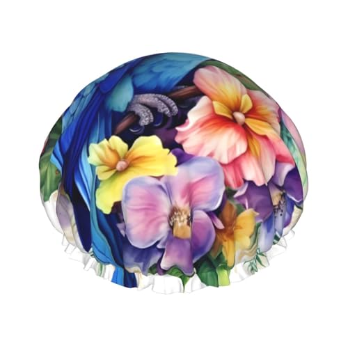 Blauer Papagei in Blumen Duschhaube für Damen und Herren, große wiederverwendbare Duschhaube, doppellagig, wasserdicht, Badekappen, elastisches Band, Haarhut für alle Frisuren, reisefreundlich von BWLHJKE