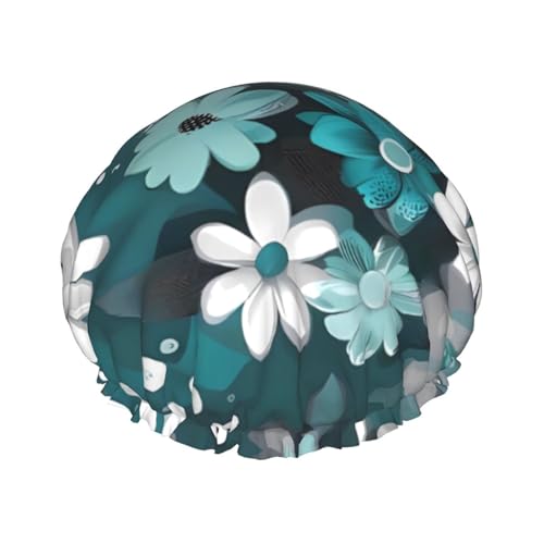 Blaugrün-graue und weiße Blumen-Duschhaube für Damen und Herren, große wiederverwendbare Duschhaube, doppellagig, wasserdicht, Badekappen, elastisches Band, Haarhut für alle Frisuren, reisefreundlich von BWLHJKE