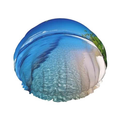 Blue Sea Kokosnussbaum Duschhaube für Damen und Herren, groß, wiederverwendbar, doppellagig, wasserdicht, Badekappen, elastisches Band, Haarmütze für alle Frisuren, reisefreundlich von BWLHJKE