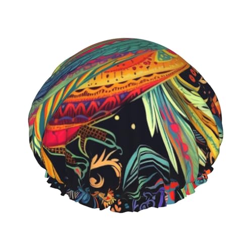 Duschhaube im ethnischen Stil mit Vögeln für Damen und Herren, groß, wiederverwendbar, doppellagig, wasserdicht, Badekappen, elastisches Band, Haarhut für alle Frisuren, reisefreundlich von BWLHJKE