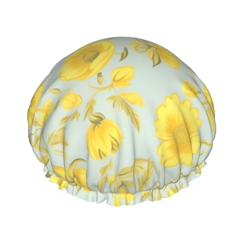 Duschhaube mit gelber Blume, für Damen und Herren, groß, wiederverwendbar, doppellagig, wasserdicht, Badekappen, elastisches Band, Haarhut für alle Frisuren, reisefreundlich von BWLHJKE