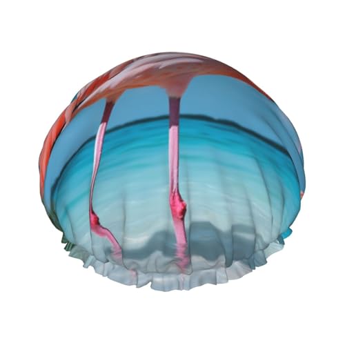Flamingo im Wasser Duschhaube für Damen und Herren, groß, wiederverwendbar, doppellagig, wasserdicht, Badekappen, elastisches Band, Haarmütze für alle Frisuren, reisefreundlich von BWLHJKE
