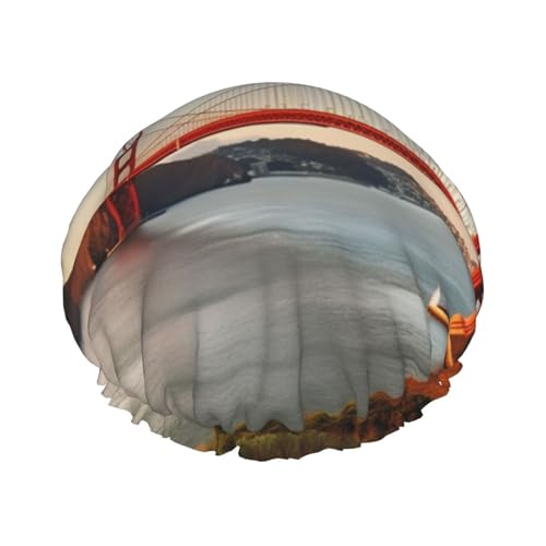 Golden Gate Bridge Duschhaube für Damen und Herren, große wiederverwendbare Duschhaube, doppellagig, wasserdicht, Badekappen, elastisches Band, Haarmütze für alle Frisuren, reisefreundlich von BWLHJKE
