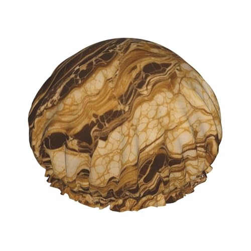 Goldene Marmor-Duschhaube für Damen und Herren, groß, wiederverwendbar, doppellagig, wasserdicht, Badekappen, elastisches Band, Haarhut für alle Frisuren, reisefreundlich von BWLHJKE