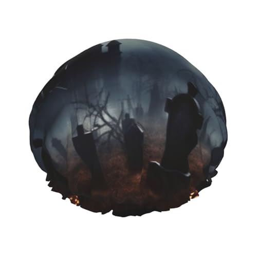 Gothic Happy Halloween Duschhaube für Damen Herren Große Wiederverwendbare Duschhaube Doppellagige Wasserdichte Badekappen Gummiband Haarhut für alle Frisuren, reisefreundlich von BWLHJKE