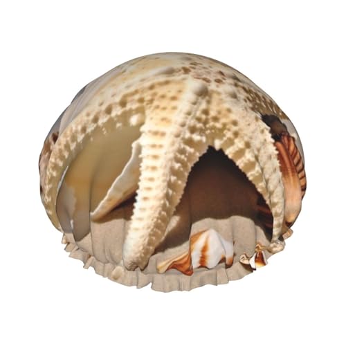 Große Muschel-Seestern-Duschhaube für Damen und Herren, große wiederverwendbare Duschhaube, doppellagig, wasserdicht, Badekappen, elastisches Band, Haarhut für alle Frisuren, reisefreundlich von BWLHJKE
