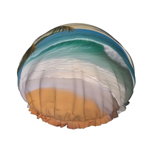 Kokospalme Sandstrand Duschhaube für Damen und Herren, große wiederverwendbare Duschhaube, doppellagig, wasserdicht, Badekappen, elastisches Band, Haarhut für alle Frisuren, reisefreundlich von BWLHJKE