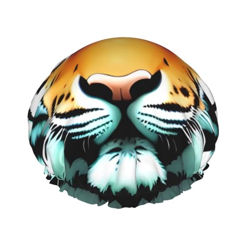 Little Fat Tiger Head Duschhaube für Damen und Herren, große wiederverwendbare Duschhaube, doppellagig, wasserdicht, Badekappen, elastisches Band, Haarmütze für alle Frisuren, reisefreundlich von BWLHJKE