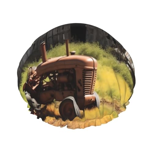 Old Wooden Barn with Rusted Tractor Shower Cap for Women Men Large Reusable Shower Bonnet Double-Layer Waterproof Bath Caps Elastic Band Hair Hat for All Hairstyles, Travel Friendly von BWLHJKE