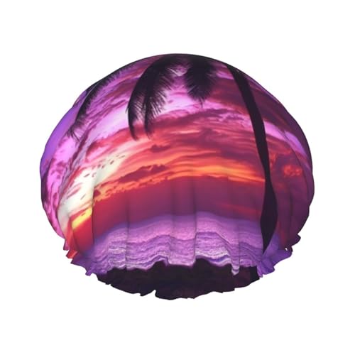 Palm Tree Purple Sunset Shower Cap for Women Men Large Reusable Shower Bonnet Double-Layer Waterproof Bath Caps Elastic Band Hair Hat for All Hairstyles, Travel Friendly von BWLHJKE