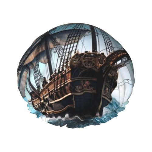 Piratenschiff-Duschhaube für Damen und Herren, groß, wiederverwendbar, doppellagig, wasserdicht, Badekappen, elastisches Band, Haarmütze für alle Frisuren, reisefreundlich von BWLHJKE
