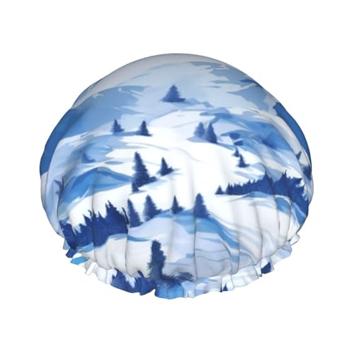 Schöne Landschaft verschneite Berge Duschhaube für Damen und Herren, große wiederverwendbare Duschhaube, doppellagig, wasserdicht, Badekappen, elastisches Band, Haarmütze für alle Frisuren von BWLHJKE