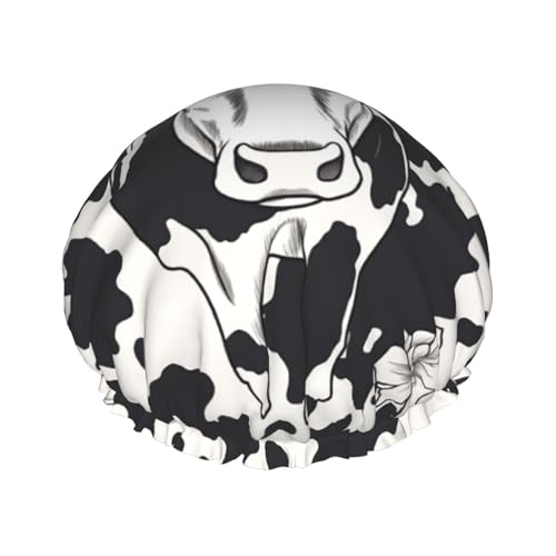 Schwarz-weiße Kuh-Duschhaube für Damen und Herren, große wiederverwendbare Duschhaube, doppellagig, wasserdicht, Badekappen, elastisches Band, Haarhut für alle Frisuren, reisefreundlich von BWLHJKE