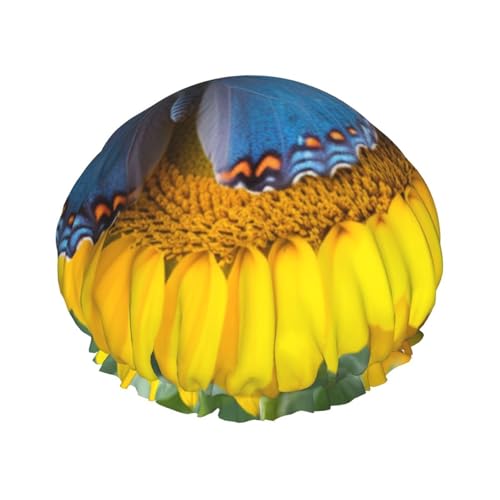 Sonnenblumen-blaue Schmetterlings-Duschhaube für Damen und Herren, große wiederverwendbare Duschhaube, doppellagig, wasserdicht, Badekappen, elastisches Band, Haarhut für alle Frisuren Sonnenblumen-blaue Schmetterlings-Duschhaube für Damen und Herren, große wiederverwendbare Duschhaube, doppellagig, wasserdicht, Badekappen, elastisches Band, Haarhut für alle Frisuren von BWLHJKE