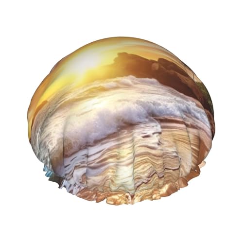 Strand-Sonnenuntergang Landschaft Duschhaube für Damen und Herren, große wiederverwendbare Duschhaube, doppellagig, wasserdicht, Badekappen, elastisches Band, Haarmütze für alle Frisuren von BWLHJKE