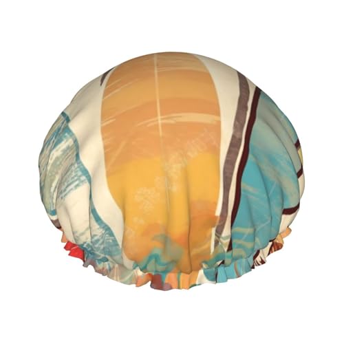 Surfbrett Palme Duschhaube für Damen und Herren, große wiederverwendbare Duschhaube, doppellagig, wasserdicht, Badekappen, elastisches Band, Haarmütze für alle Frisuren, reisefreundlich von BWLHJKE