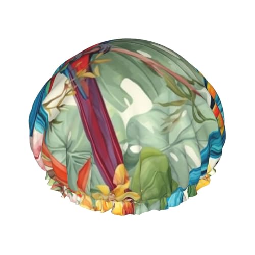 Tropische Pflanzen und Papageien, Duschhaube für Damen und Herren, groß, wiederverwendbar, doppellagig, wasserdicht, Badekappen, elastisches Band, Haarmütze für alle Frisuren, reisefreundlich von BWLHJKE