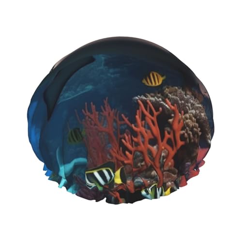 U-Boot-Haifisch-Korallen-Duschhaube für Damen und Herren, groß, wiederverwendbar, doppellagig, wasserdicht, Badekappen, elastisches Band, Haarmütze für alle Frisuren, reisefreundlich von BWLHJKE