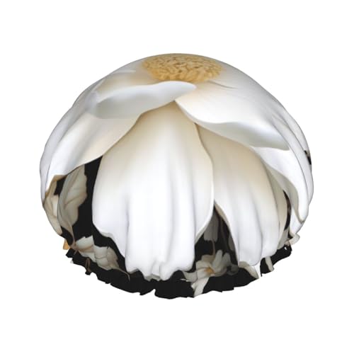 Weiße Duschhaube mit Blumenmuster für Damen und Herren, groß, wiederverwendbar, doppellagig, wasserdicht, Badekappen, elastisches Band, Haarhut für alle Frisuren, reisefreundlich von BWLHJKE