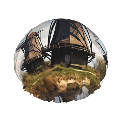 Windmühlen Duschhaube für Damen und Herren, groß, wiederverwendbar, doppellagig, wasserdicht, Badekappen, elastisches Band, Haarmütze für alle Frisuren, reisefreundlich von BWLHJKE