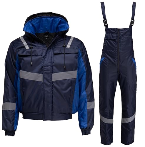BWOLF Atom Set Arbeitskleidung Männer Winter Arbeitsjacke Herren Winter + Winter Arbeitslatzhose Herren, Winddichte, wasserdichte, Warme mit Kapuze (Blau, S) von BWOLF