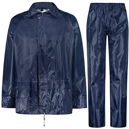 BWOLF HIMALAYA Herren Regenanzug Langarm wasserdicht mit Elastischer Taille Kapuzenjacke Anzug Regenbekleidung Regenjacke + Regenhose 2 Taschen (Blau, M) von BWOLF