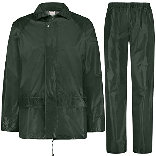 BWOLF HIMALAYA Herren Regenanzug Langarm wasserdicht mit Elastischer Taille Kapuzenjacke Anzug Regenbekleidung Regenjacke + Regenhose 2 Taschen (Dunkelgrün, L) von BWOLF