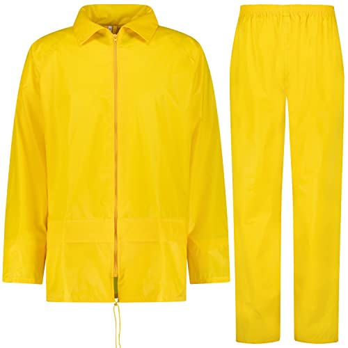 BWOLF HIMALAYA Herren Regenanzug Langarm wasserdicht mit Elastischer Taille Kapuzenjacke Anzug Regenbekleidung Regenjacke + Regenhose 2 Taschen (Gelb, 3XL) von BWOLF