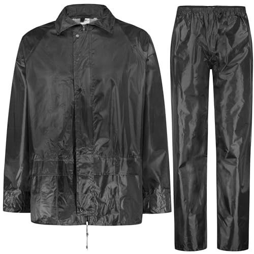 BWOLF HIMALAYA Herren Regenanzug Langarm wasserdicht mit Elastischer Taille Kapuzenjacke Anzug Regenbekleidung Regenjacke + Regenhose 2 Taschen (Schwarz, 2XL) von BWOLF