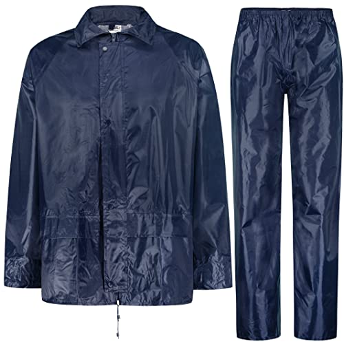 BWOLF HIMALAYA Herren Regenanzug Langarm wasserdicht mit Elastischer Taille Kapuzenjacke Anzug Regenbekleidung Regenjacke + Regenhose 2 Taschen (Blau, 2XL) von BWOLF