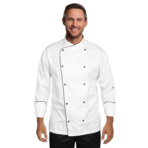BWOLF NOBU Kochjacke Unisex Kochjacke Damen Kochjacke Herren Schwarz/Weiss Kochkleidung Professional Chef Uniform Langarm (Weiss, 3XL) von BWOLF