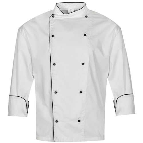 BWOLF NOBU Kochjacke Unisex Kochjacke Damen Kochjacke Herren Schwarz/Weiss Kochkleidung Professional Chef Uniform Langarm (Weiss, XS) von BWOLF