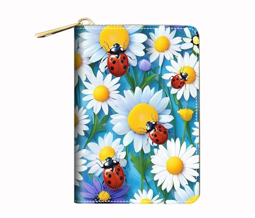 BWOOLL RFID-Kreditkartenetui für Damen, Leder-Kartenetui mit Reißverschluss, indisches Stammesmädchen, Gänseblümchen Marienkäfer, Modisch von BWOOLL