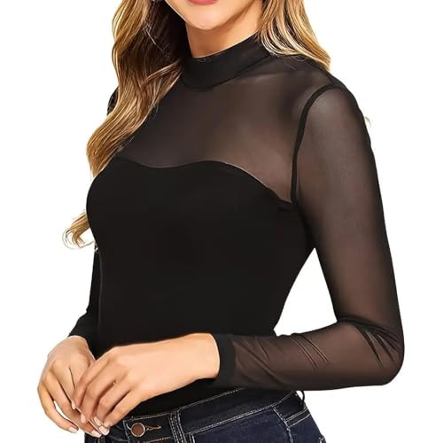 BWOOOWE Transparentes Spitzen Oberteile Damen mit Slim Fit und Rollkragen Mesh Top Langarm Basic Netzoberteil Durchsichtiges Oberteil(M) von BWOOOWE