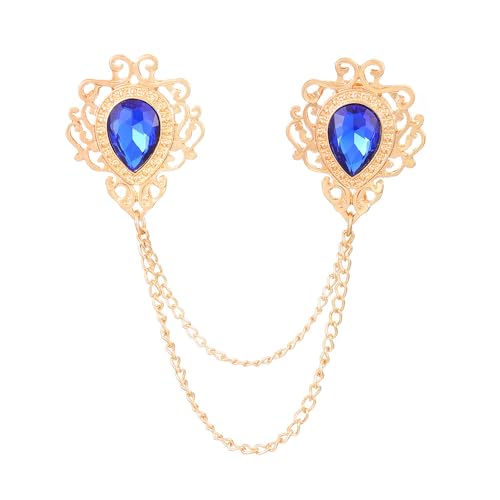 BWOOOWE Tropfenform Kristall Brosche Kragen Kette Quaste Anstecknadel Schmuck Doppelbrosche Vintage Ornament Damen Accessoire(Blau-1) von BWOOOWE