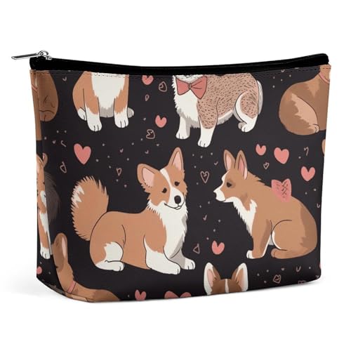 Reise-Make-up-Tasche, große Kapazität, Kosmetiktasche für Damen, wasserdicht, tragbar, Kosmetiktasche, Aufbewahrungstasche, Grün und Orange, Dinosaurier-Druck, Kulturbeutel, Corgi Hund mit Herzform von BWQMNT
