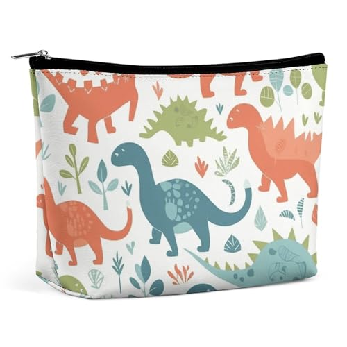 Reise-Make-up-Tasche, große Kapazität, Kosmetiktasche für Damen, wasserdicht, tragbar, Kosmetiktasche, Aufbewahrungstasche, Grün und Orange, Dinosaurier-Druck, Kulturbeutel, Grüner und orangefarbener von BWQMNT