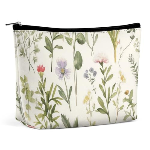 Reise-Make-up-Tasche, große Kapazität, Kosmetiktasche für Damen, wasserdicht, tragbar, Kosmetiktasche, Aufbewahrungstasche, Shih Tzu Hund, bedruckt, Kräuter-Blumen, Einheitsgröße von BWQMNT