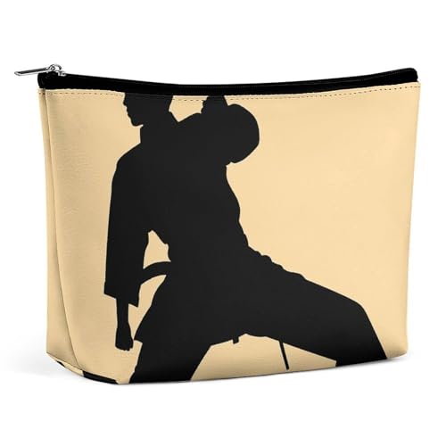 Reise-Make-up-Tasche, große Kapazität, Kosmetiktasche für Damen, wasserdicht, tragbar, Kosmetiktasche, Aufbewahrungstasche, blauer Hibiskus, Blume, bedruckter Kulturbeutel, Karate-Silhouette für von BWQMNT