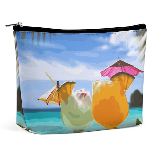 Reise-Make-up-Tasche, große Kapazität, Kosmetiktasche für Damen, wasserdicht, tragbar, Kosmetiktasche, Aufbewahrungstasche, tropische Blumenblätter, bedruckte Kulturbeutel, Tropical Beach Drink von BWQMNT